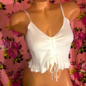 White ribbed crop blouse ruffle tank top ruched s